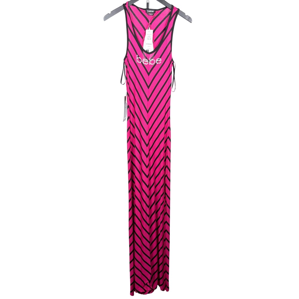 Bebe Chevron Rib Tank Dress Women's XS Pink Black Swarovski Crystal Logo NWT